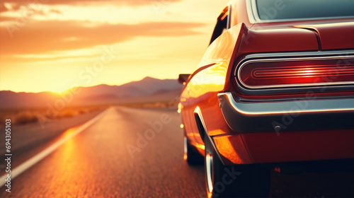 Classic retro vintage American car driving on highway at sunset photo