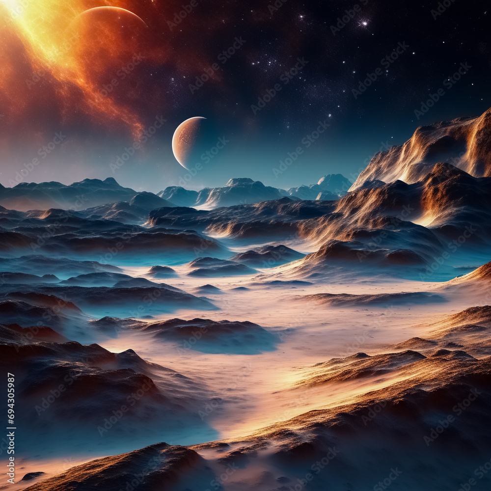 Futuristic landscape of unexplored outer space planets.