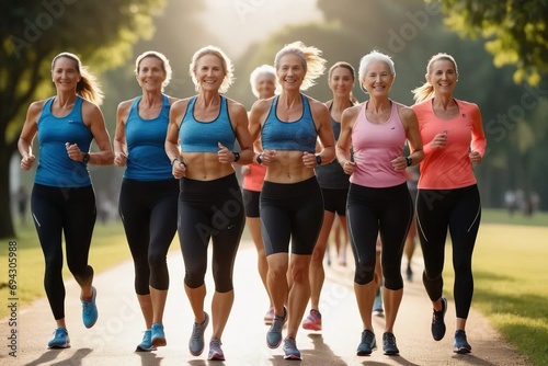 Group of mature women practicing running, in shape after menopause. photo