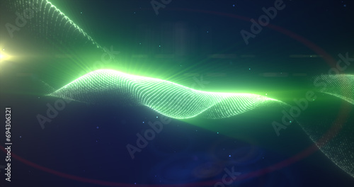 Green glowing energy bright waves from small particles and lines abstract background © Bolbik