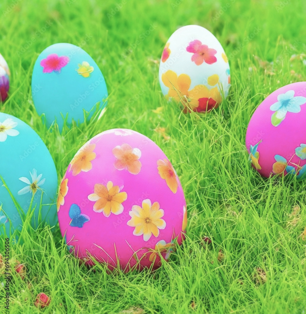 Closeup of colorful Easter eggs on green grass