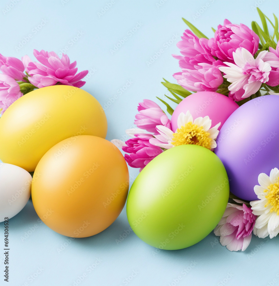 Closeup of colorful Easter eggs with flowers in the background Closeup of colorful Easter eggs with flowers in the background