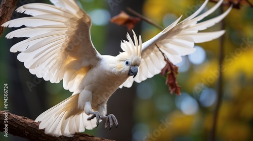 A cockatoo playfully tilting its head, feathers raised in excitement. photo