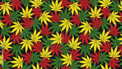 Cannabis leaves illustration texture rasta colors background wallpapers banner. Red yellow green marijuana leaf template design art blank pattern