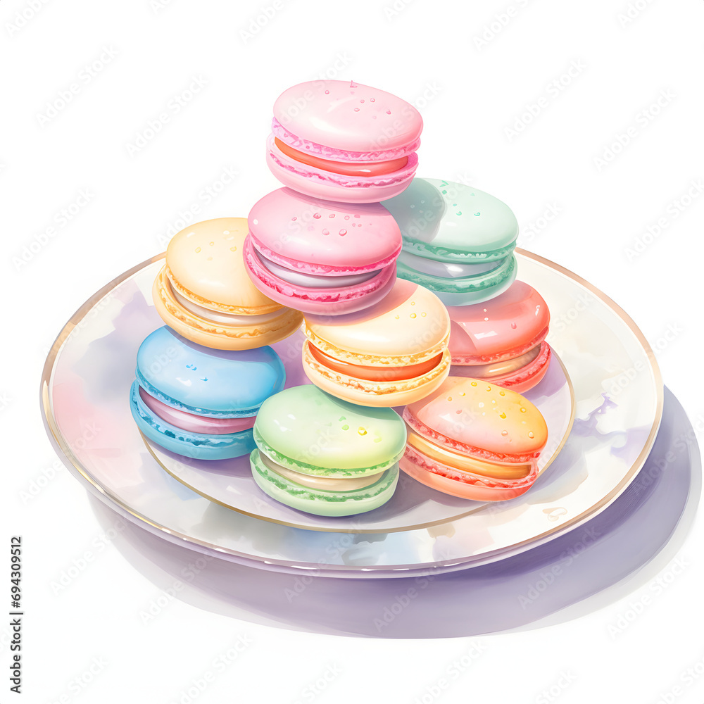 Watercolor illustration of macarons on a white plate. Watercolor illustration of macarons on a white plate.