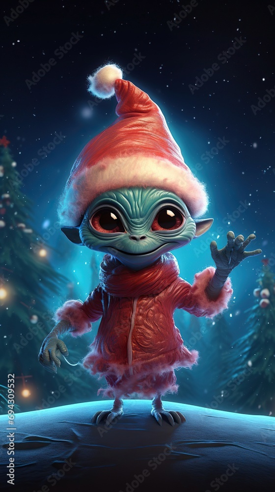 A character resembling an alien dressed in a Santa Claus suit stands in front of a Christmas tree during snowfall. Vertical format. A character resembling an alien dressed in a Santa Claus suit stands in front of a Christmas tree during snowfall. Vertical format.