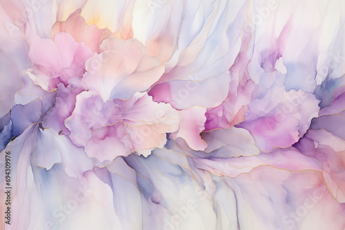 An ethereal alcohol ink creation showcasing delicate wisps of pastel pinklavenderand silver dancing across the canvas in mesmerizing patterns.