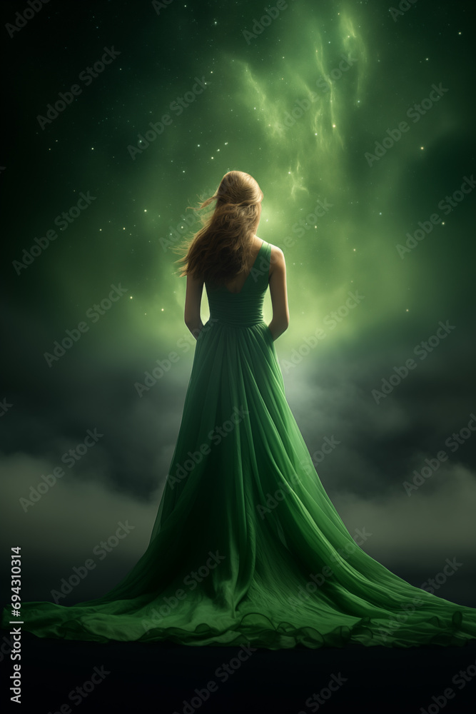 back view of a pretty young woman wearing a long flowing green dress - back view - full view - vibrant fantasy green sky - fantasy green dress - auburn hair princess 
