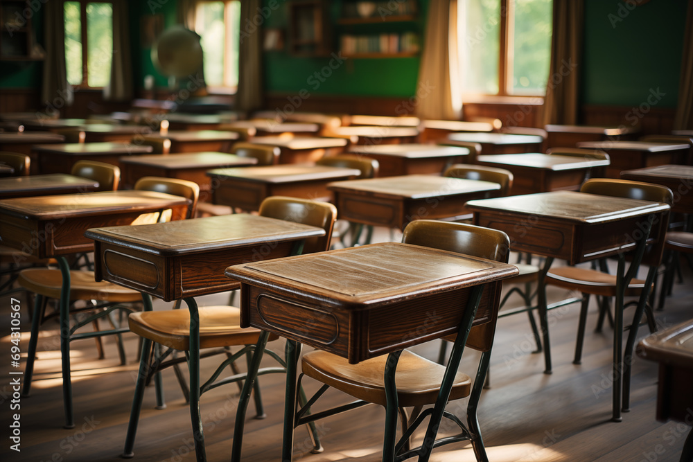 Empty Classroom. Back to school concept in high school. Classroom Interior Vintage Wooden Lecture Wooden Chairs and Desks. Studying lessons in secondary education.