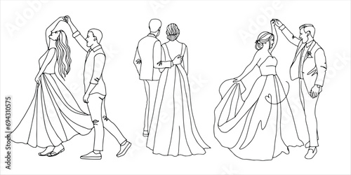 One line art couple in love wedding, the dance of the bride and groom