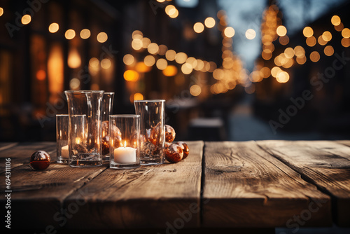 Empty wooden table with christmas theme in background, AI generate