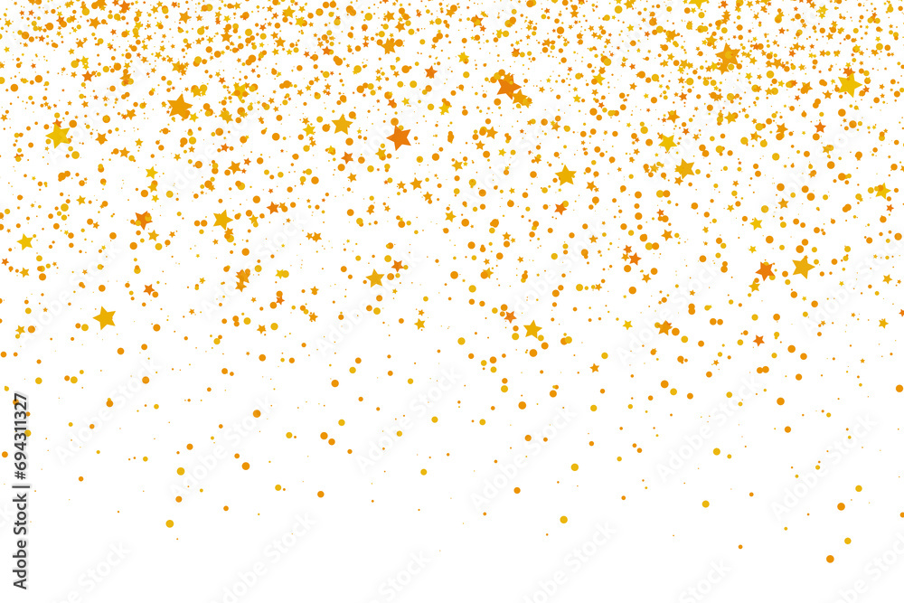 Gold glitter Confetti falling particles on transparent background. Golden confetti in circle shape with stars and dust particles. Falling yellow confetti illustration. Festive elements. Birthday conce