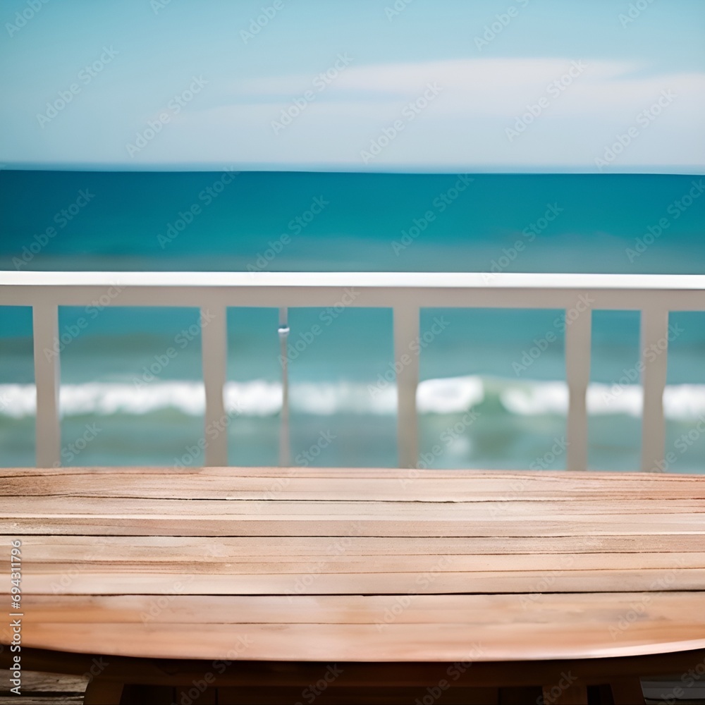 a wooden table sitting on top of a wooden deck, view of the ocean, overlooking the ocean, view of sea, looking out at the ocean, the ocean in the background. generative ai