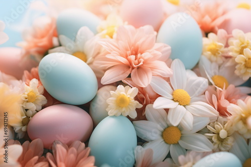 Pastel Blue and Pink Easter Eggs amidst in White and Light Peach Flowers. Top View Composition. Happy Easter Concept for Design, Postcard, Cover, Poster, Banner.