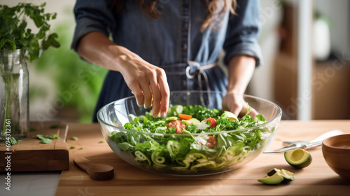 Woman Preparing a Fresh and Colorful Salad in a Glass Bowl photo