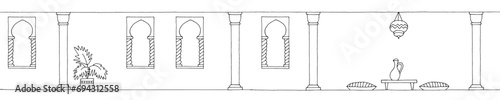 Empty room Arabic style graphic black white home interior sketch illustration vector
