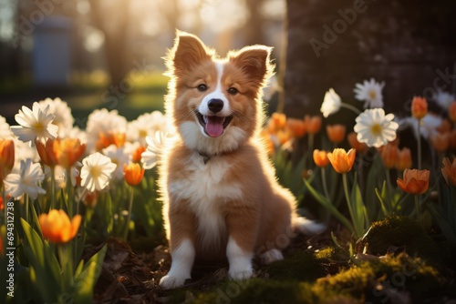 beautiful happy dog on a meadow with spring flowers oudoor photo