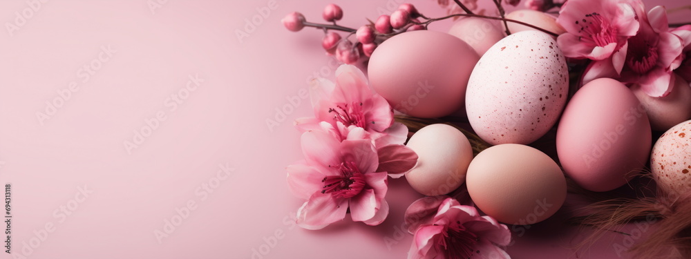 Pastel Pink Freckled Decorated Easter Eggs with Spring Pink Blossom Branch and Flowers on Pink. Easter Composition. Happy Easter Concept for Design, Cover, Poster, Horizontal Banner.