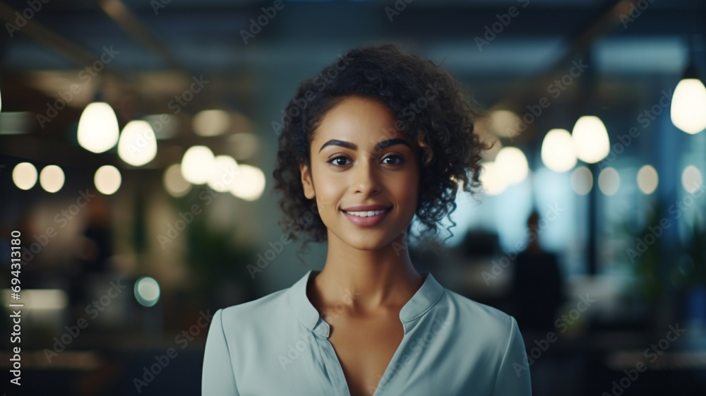 Portrait of happy black businesswoman looks at camera on the office blurred background Portrait of happy black businesswoman looks at camera on the office blurred background