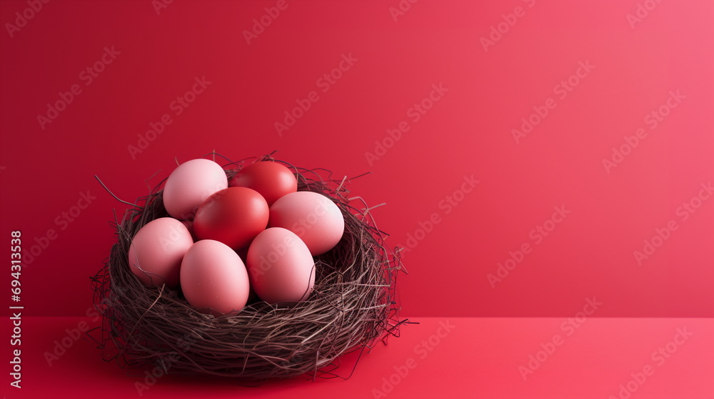 Pastel Red Easter Eggs in Bird's Nest on Crimson Red Background. Easter Composition with Copy Space in Minimalist Style. Happy Easter Concept for Design, Postcard, Cover, Poster, Banner.