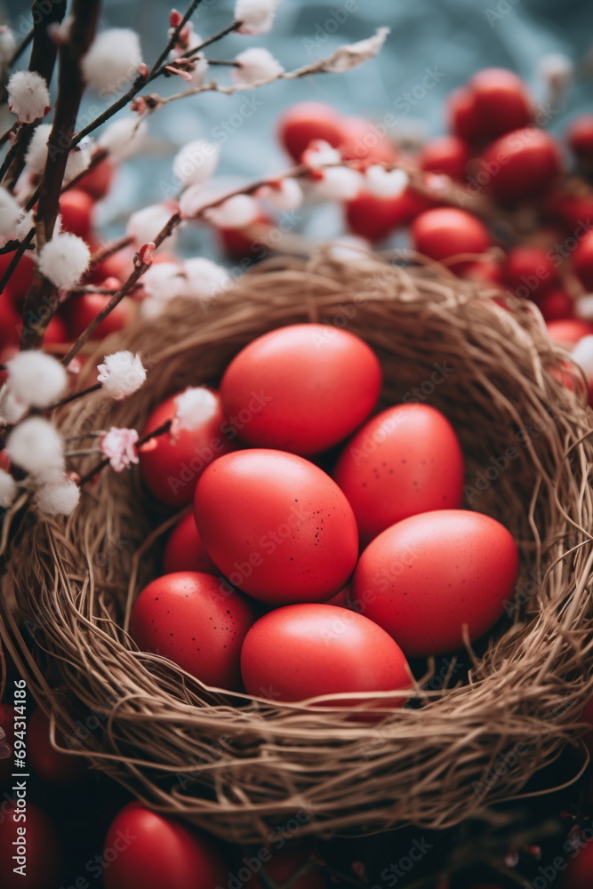 Red Easter Eggs in Bird's Nest with Cotton Branches with Selective focus. Top View Easter Composition with Copy Space in Flat Lay Minimalist Style. Happy Easter Concept for Vertical Banner. Red Easter Eggs in Bird's Nest with Cotton Branches with Selective focus. Top View Easter Composition with Copy Space in Flat Lay Minimalist Style. Happy Easter Concept for Vertical Banner.