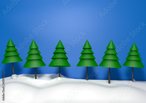 New Year illustration with six green fir trees standing on a blue background and white snow. 