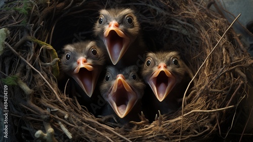 An aerial view of a nest, baby birds chirping with mouths wide open.