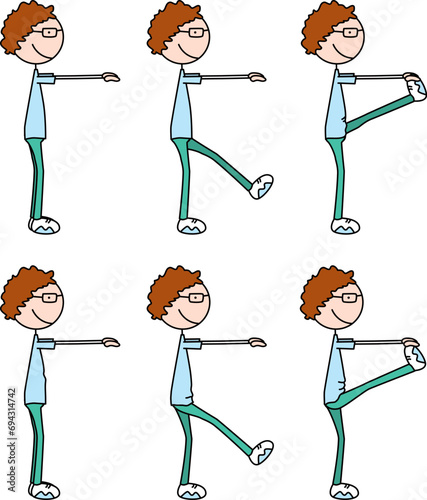 Cartoon vector illustration of a boy exercising - Frankenstein walk