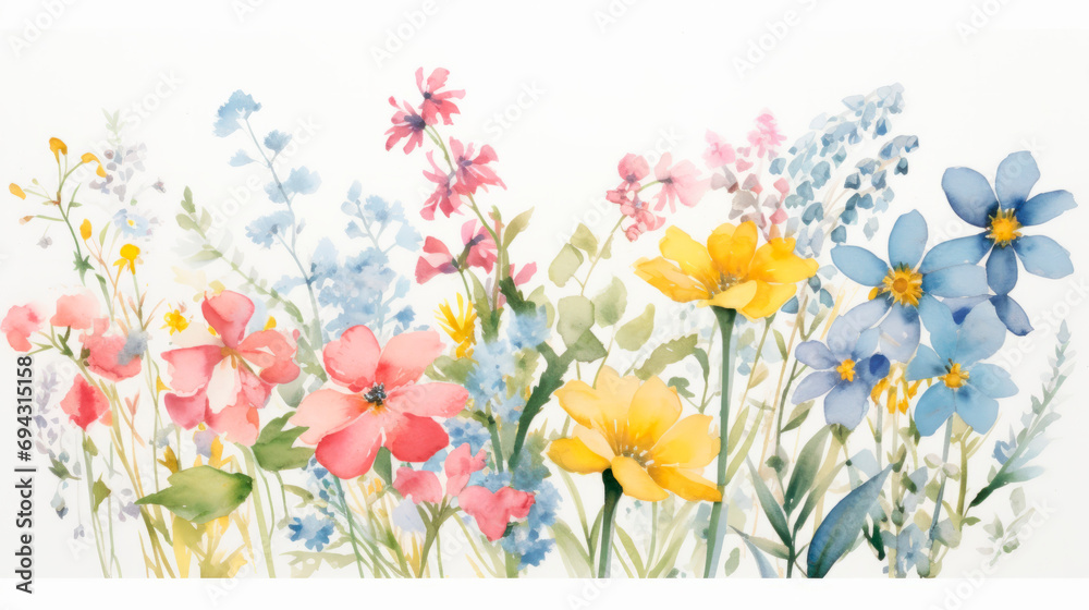 Bouquet of bright flowers in soft pastel colors, painted in watercolor. Petals in shades of pink, blue and yellow colors on a gentle background. Calmness serenity. Cover. puzzles. Horizontal banner