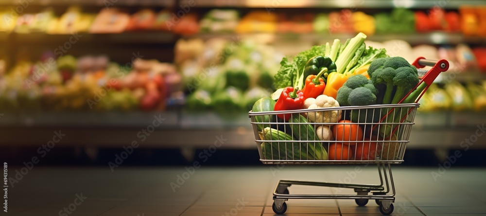 Shopping cart full of vegetables in the supermarket. Grocery shopping concept. 