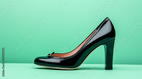 black heel shoes on green background.