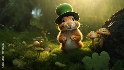 An animated chipmunk in a green hat sits among forest vegetation and mushrooms, looking cheerfully forward against a backdrop of sunlight. The concept of celebrating St. Patrick's Day