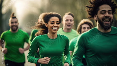 A group of young adults in green t-shirts running down the street, smiling and enjoying, participating in a St. Patrick's Day run