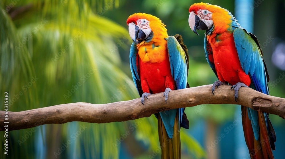 Brightly colored macaws perched on a branch, their plumage vibrant and glossy.