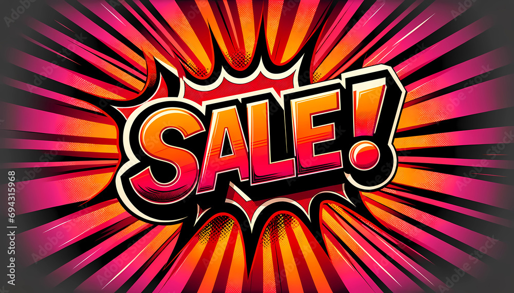 A vibrant and attention-grabbing "SALE!" announcement in a bold and stylized font, set against a background of explosive, radiating lines in red and orange. Suitable for advertising and promotional.  - obrazy, fototapety, plakaty 