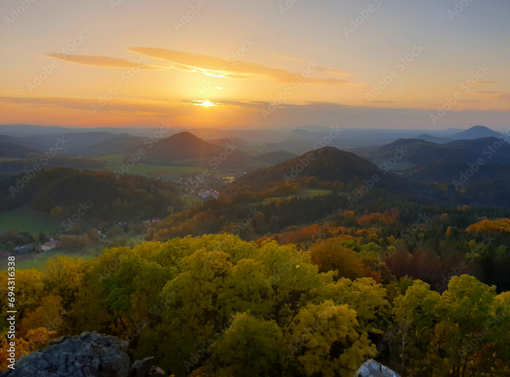 View from the viewpoint of the mountain landscape at sunset
