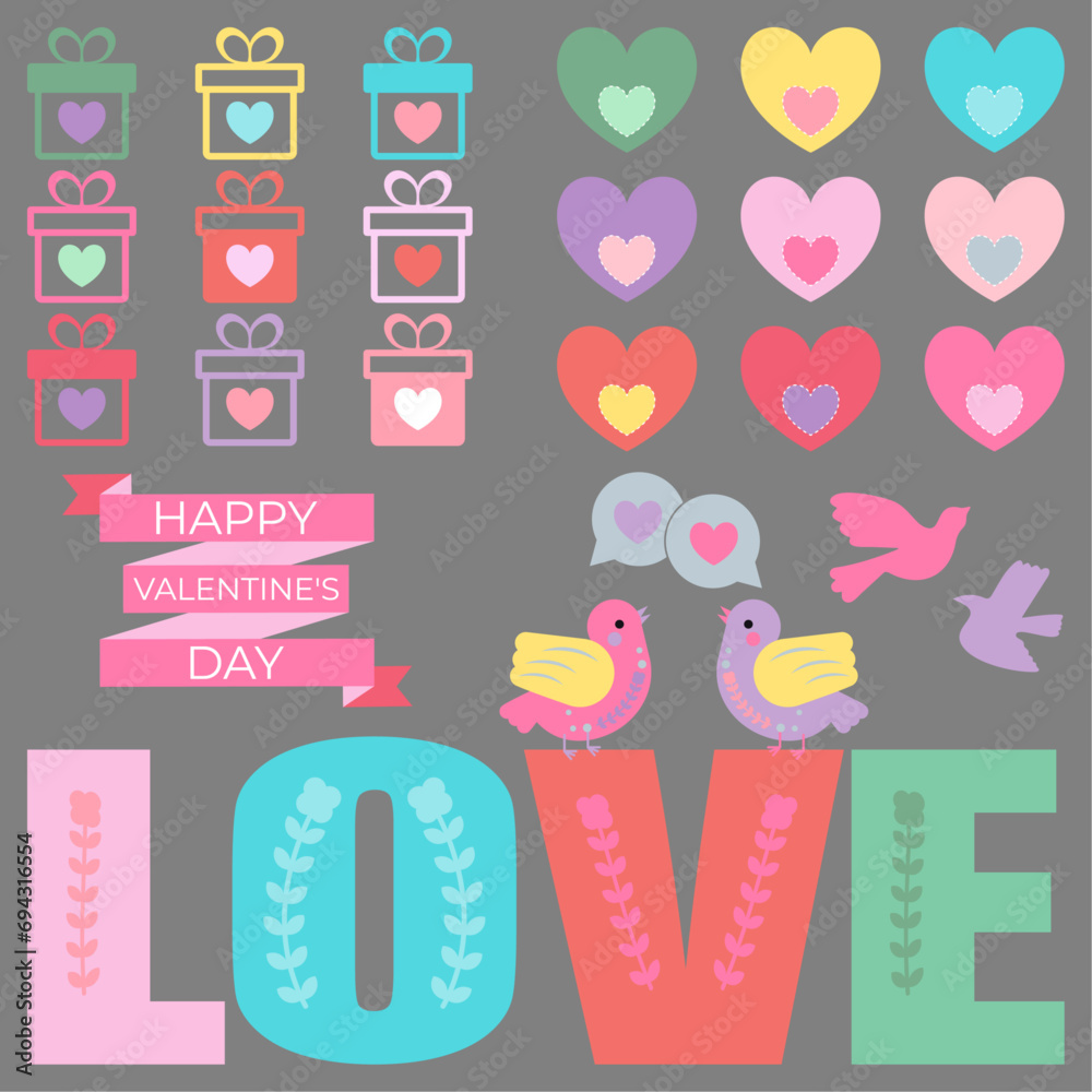 Set of cute valentine day elements. Vector colorful image red, green, blue, white, yellow, pink, grey, violet, purple, lilac colour. Simple, minimal illustration of bird, ribbon, gift, heart. EPS 10.