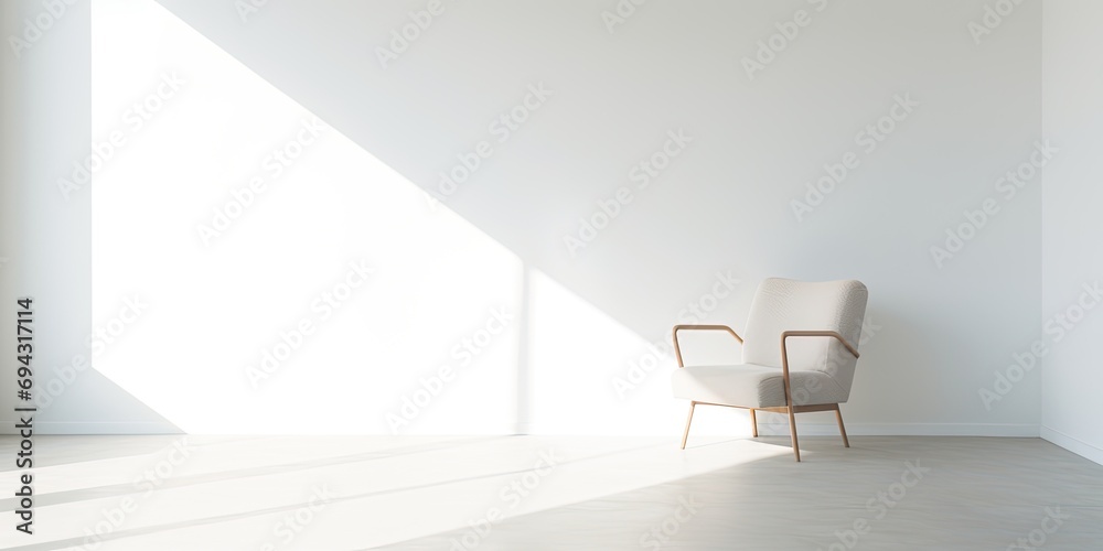 Minimalist horizontal photography depicting loneliness with a single chair in a white space, shaded by sunlight.