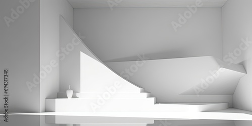 Minimalistic abstract interior fragment, featuring corners, shadows, and architectural elements in a white color scheme.