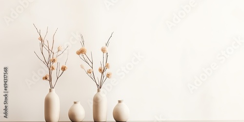 Contemporary neutral interior with beige ceramic vases and dry cotton branches near a white wall. Minimal Scandinavian design.