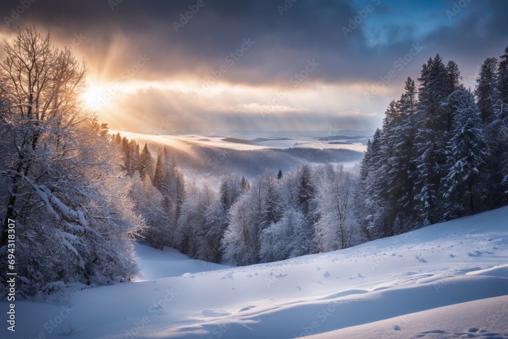 A winter wonderland emerges, adorned with pristine snow and silhouetted trees, serene and landscape