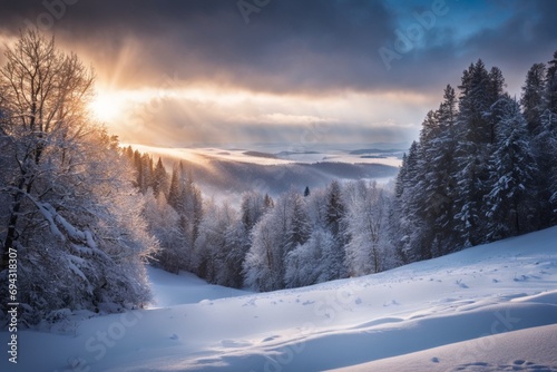 A winter wonderland emerges, adorned with pristine snow and silhouetted trees, serene and landscape © KHALID