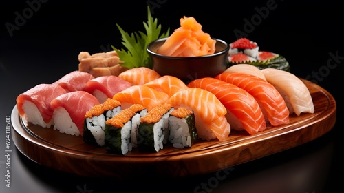 A plate of Japanese Delicious food Salmon Sushi and rolls Set on a black table. Japanese food Sushi.