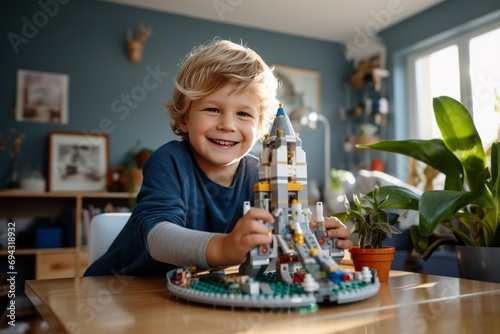 A little Caucasian boy sits at the table in his cozy room and plays with a construction set. Happy smart kid assembling a realistic model of cosmodrome and spaceship. Play and learn concept.