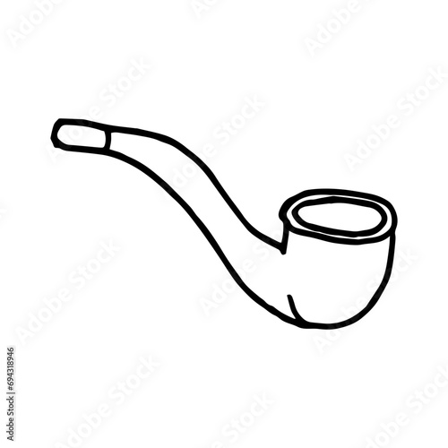 Single smoking pipe isolated on white background. Black and white vector doodle illustration.