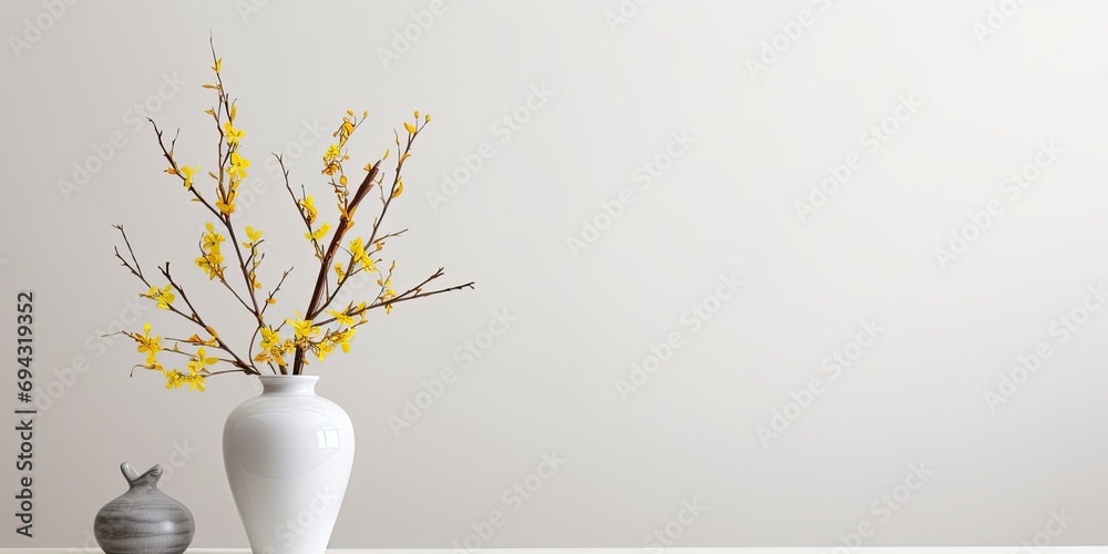 Springtime interior decoration featuring a ceramic vase with isolated spring twigs on a white background.