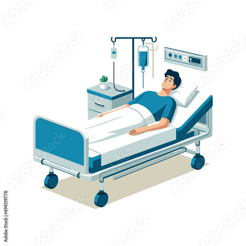 Sick man lying on hospital bed flat design vector illustration.