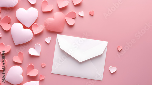 love letter envelope with paper craft hearts - flat lay on pink valentines or anniversary background photo