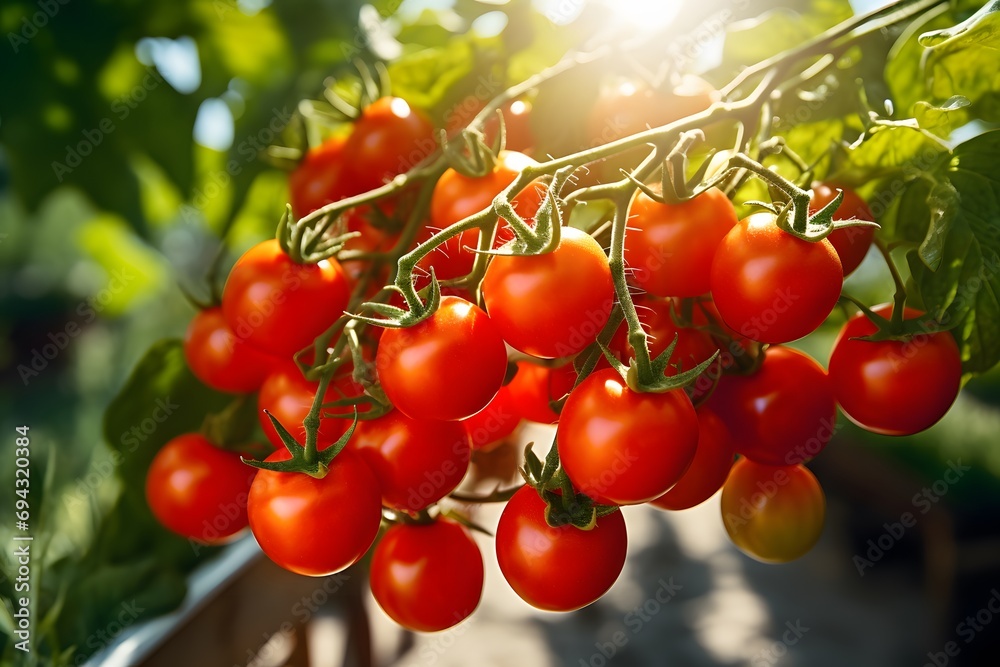 Fresh red tomatoes on a branch in the garden with water droplets on the organic farm. Nurtured tomatoes thriving within a greenhouse environment.