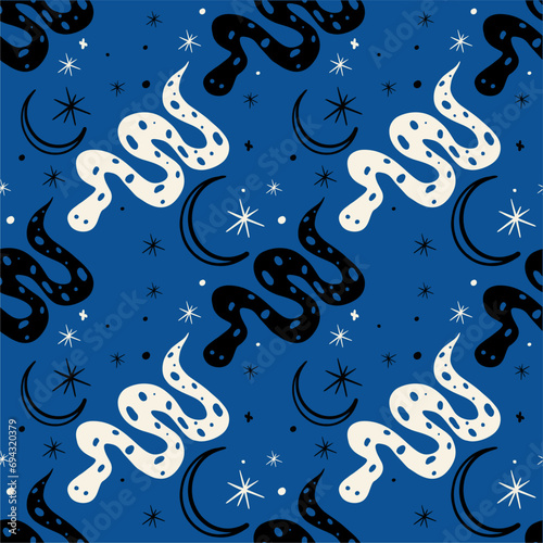 Magical seamless pattern. Fairytale beast, zie, crescent and stars. Mystical esoteric witchcraft vector and printable image, unique illustration in boho style.